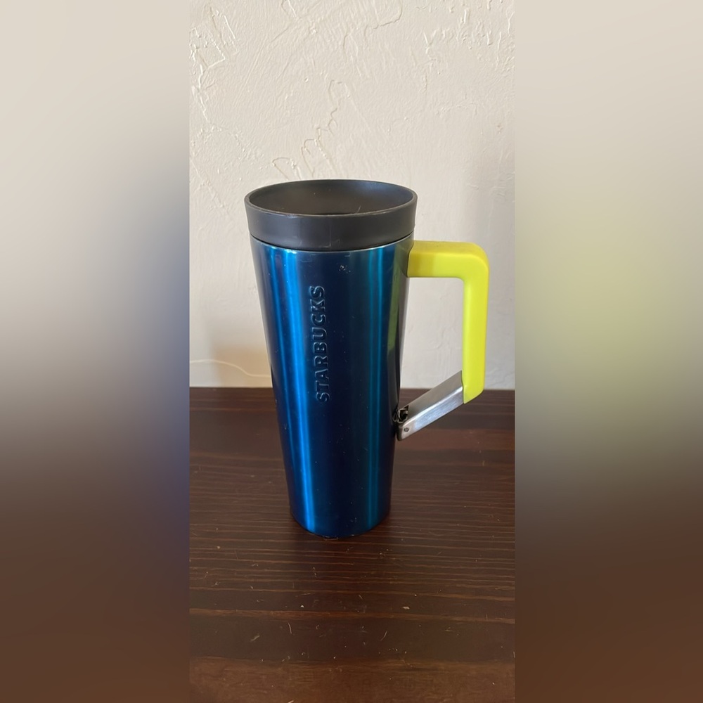Starbucks Metallic Blue Travel Mug with Yellow Handle and Black Lid
